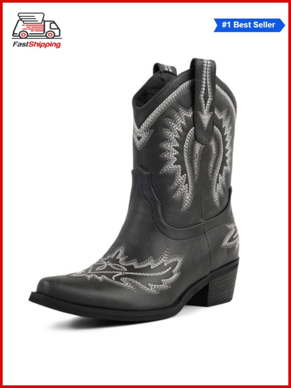 ✨ Women's Western Ankle Boots Faux Leather Embroidered Pointed Toe Chunky Heel